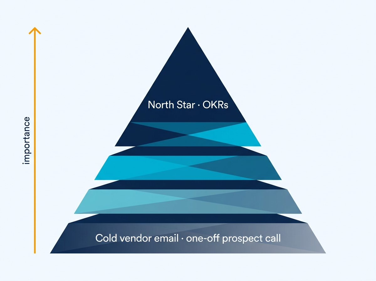 Ranked priority pyramid: North Star and OKRs at the top, a cold vendor email and one-off prospect call at the bottom